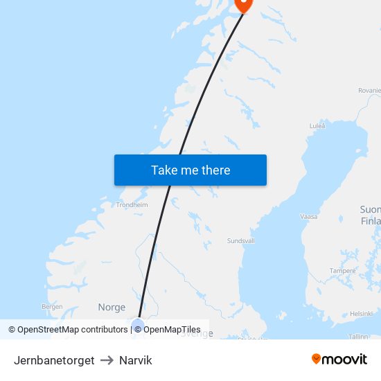 Jernbanetorget to Narvik map