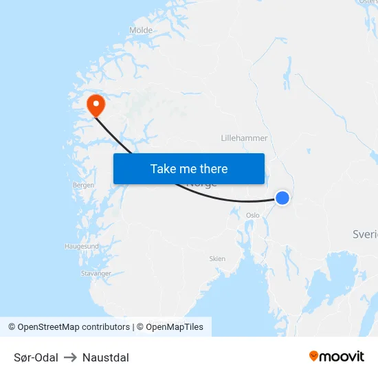 Sør-Odal to Naustdal map
