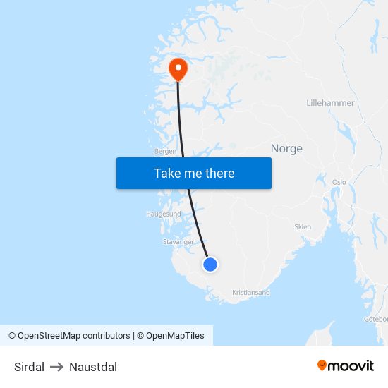 Sirdal to Naustdal map