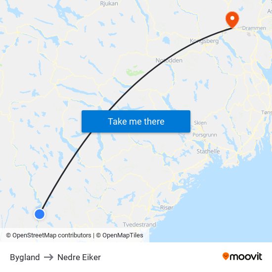 Bygland to Nedre Eiker map