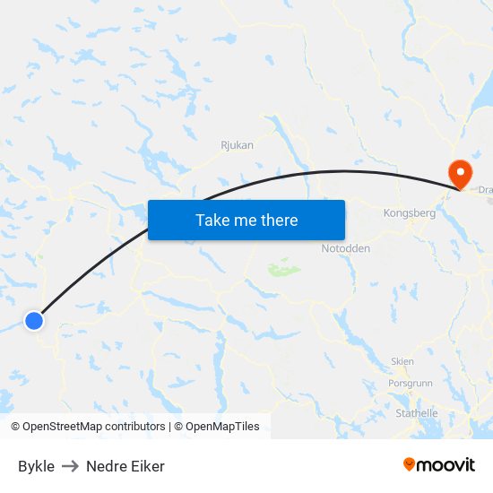 Bykle to Nedre Eiker map