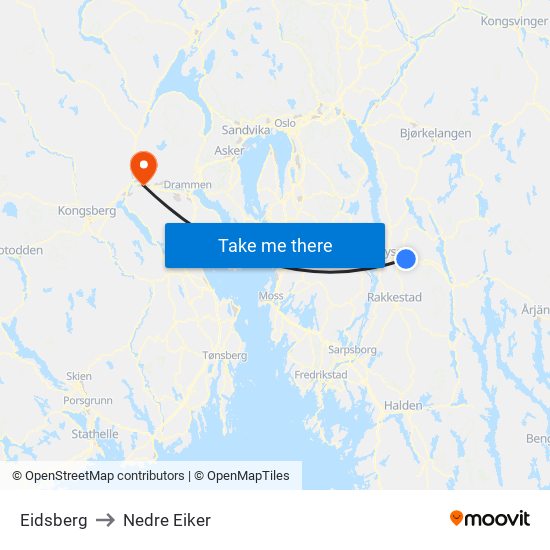 Eidsberg to Nedre Eiker map