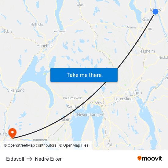 Eidsvoll to Nedre Eiker map