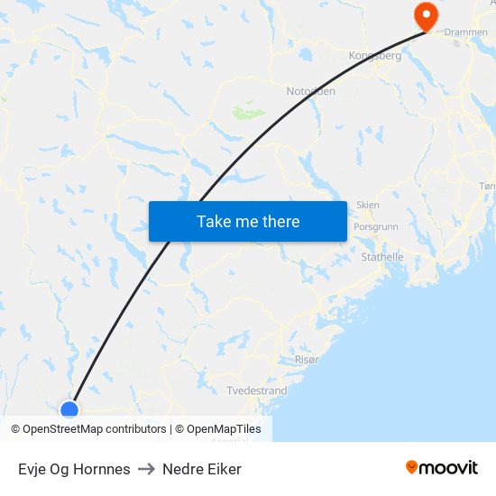 Evje Og Hornnes to Nedre Eiker map