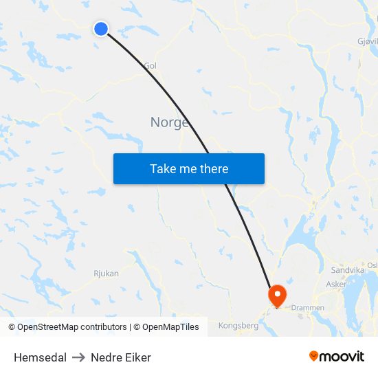 Hemsedal to Nedre Eiker map