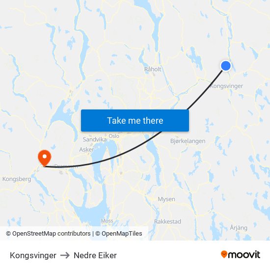 Kongsvinger to Nedre Eiker map