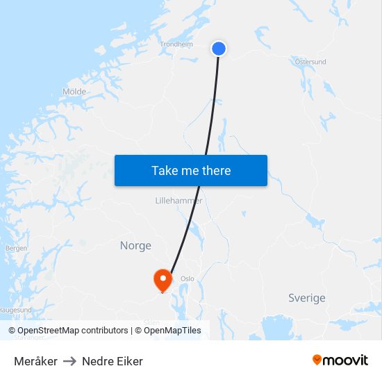 Meråker to Nedre Eiker map