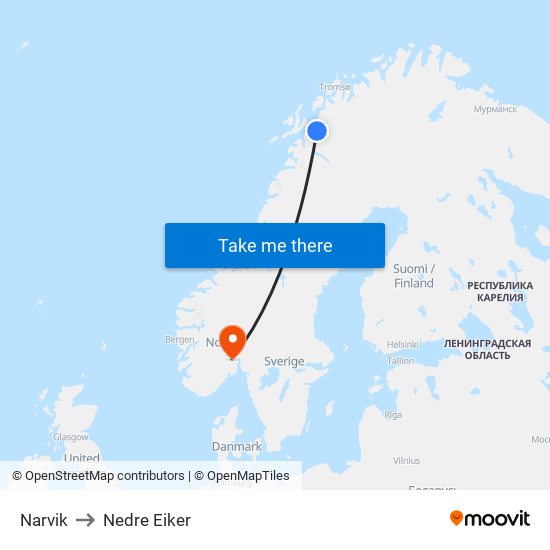 Narvik to Nedre Eiker map