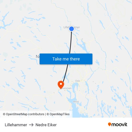 Lillehammer to Nedre Eiker map