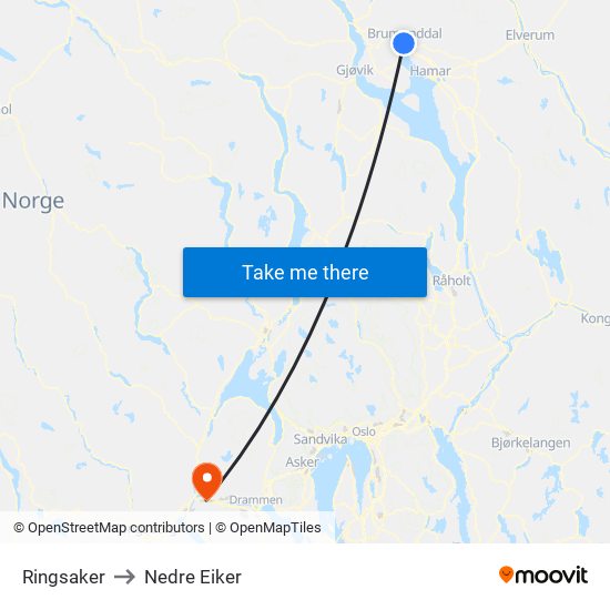 Ringsaker to Nedre Eiker map