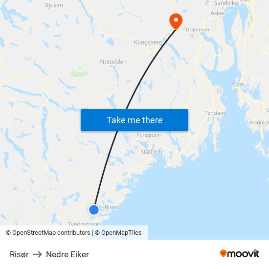 Risør to Nedre Eiker map