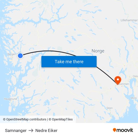 Samnanger to Nedre Eiker map