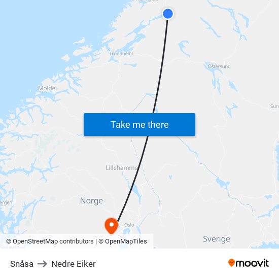 Snåsa to Nedre Eiker map