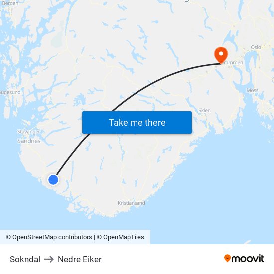 Sokndal to Nedre Eiker map