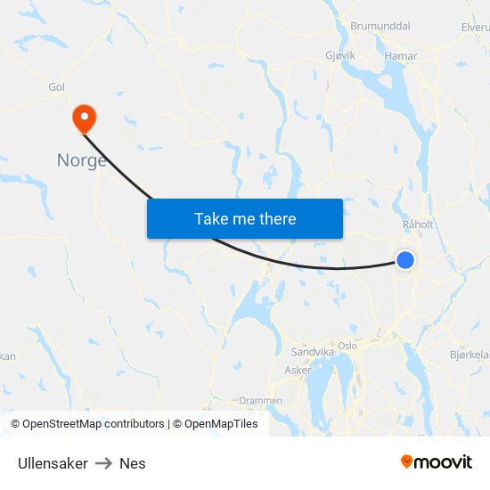 Ullensaker to Nes map