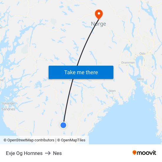 Evje Og Hornnes to Nes map