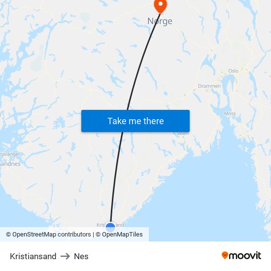 Kristiansand to Nes map