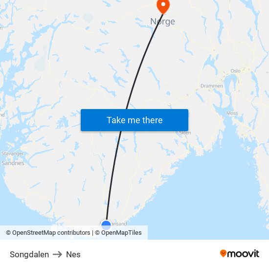 Songdalen to Nes map