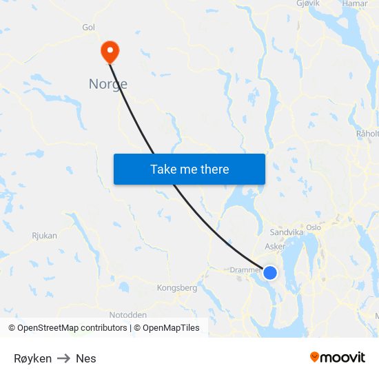 Røyken to Nes map