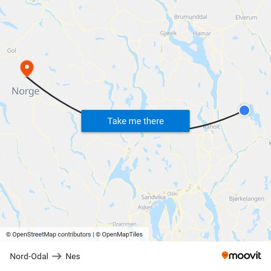 Nord-Odal to Nes map