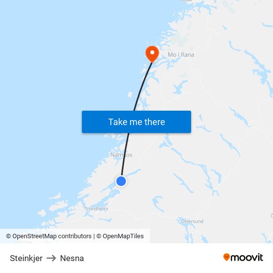 Steinkjer to Nesna map