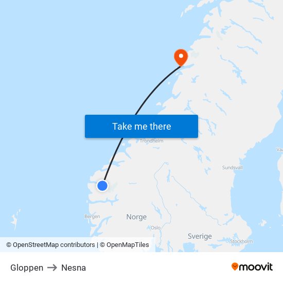 Gloppen to Nesna map