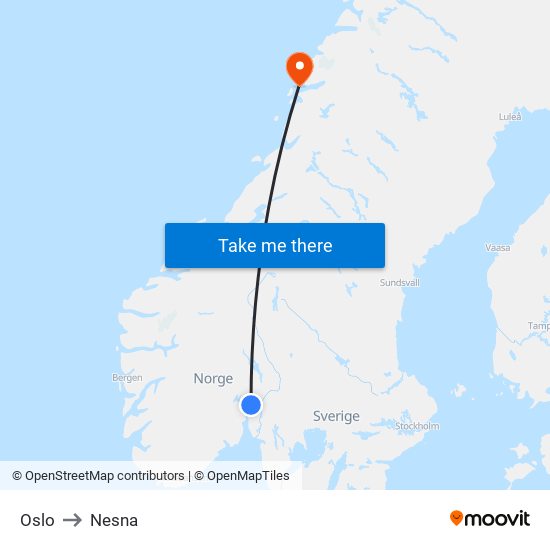 Oslo to Nesna map