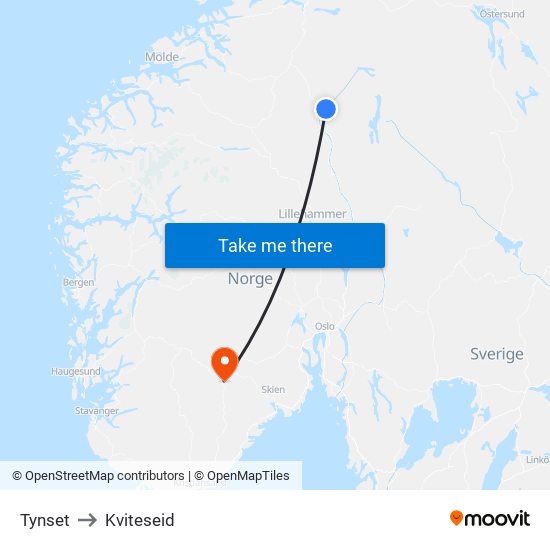 Tynset to Kviteseid map