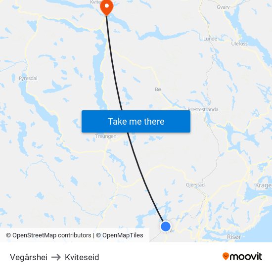 Vegårshei to Kviteseid map