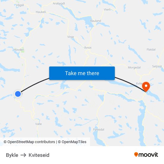 Bykle to Kviteseid map