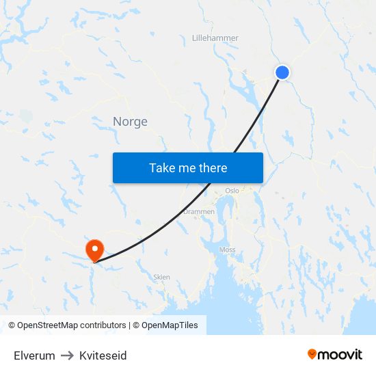 Elverum to Kviteseid map