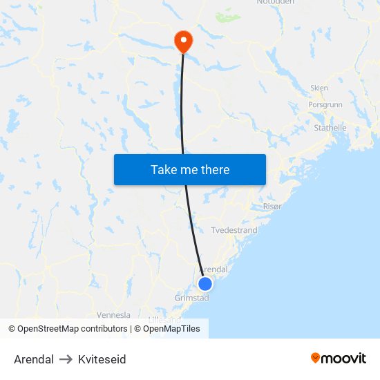 Arendal to Kviteseid map