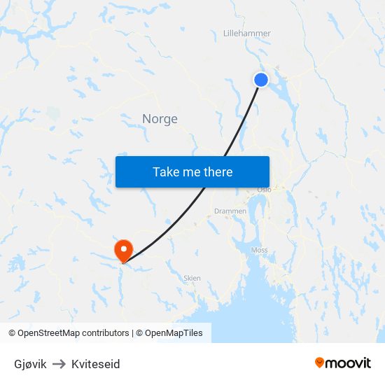 Gjøvik to Kviteseid map