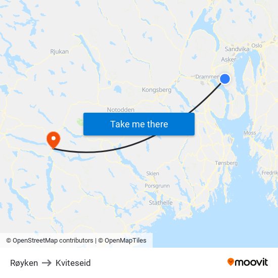 Røyken to Kviteseid map