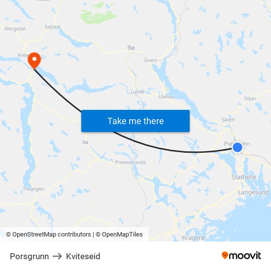 Porsgrunn to Kviteseid map