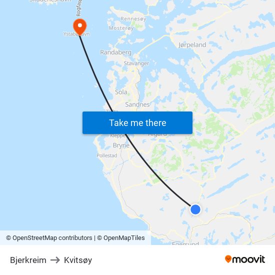 Bjerkreim to Kvitsøy map