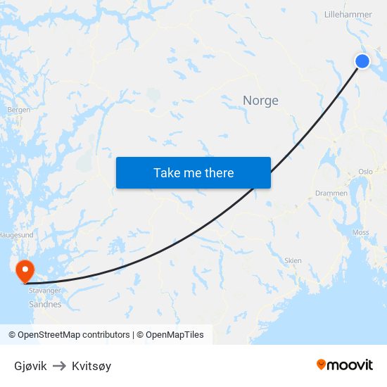 Gjøvik to Kvitsøy map