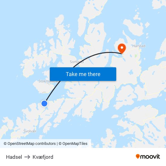 Hadsel to Kvæfjord map