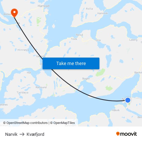 Narvik to Kvæfjord map