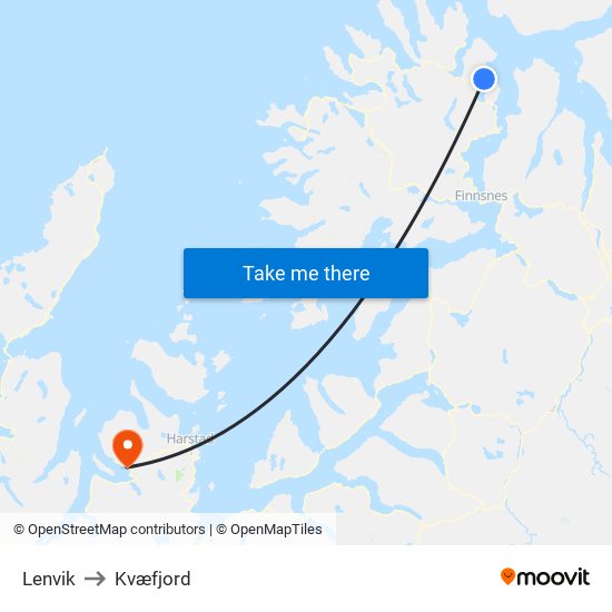 Lenvik to Kvæfjord map