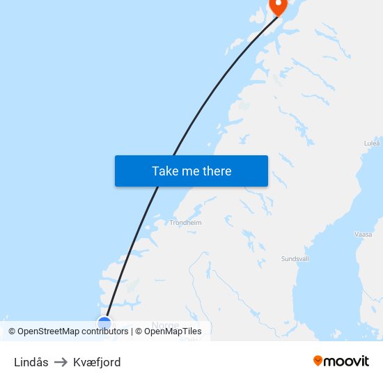 Lindås to Kvæfjord map