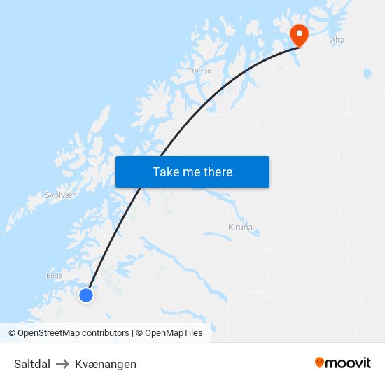 Saltdal to Kvænangen map