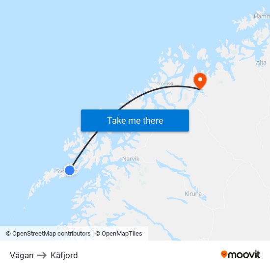 Vågan to Kåfjord map