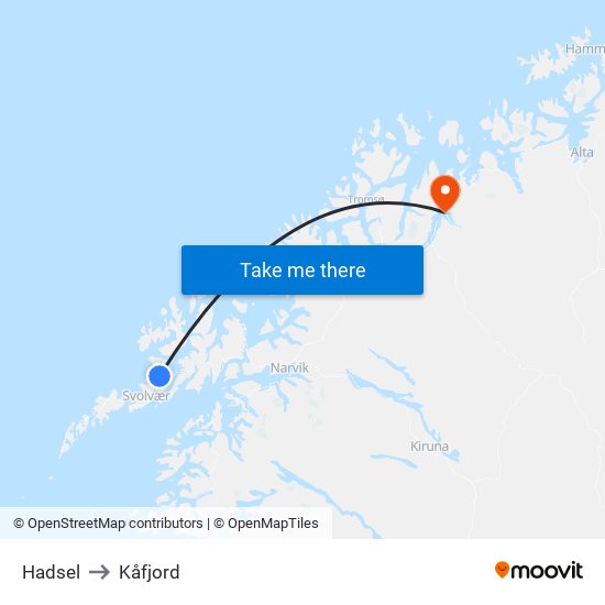 Hadsel to Kåfjord map