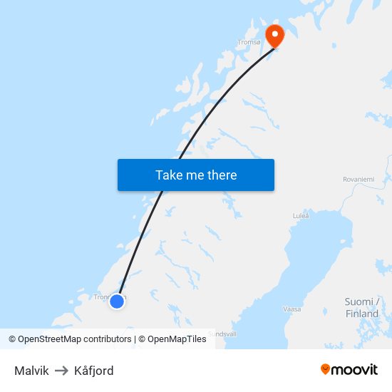 Malvik to Kåfjord map