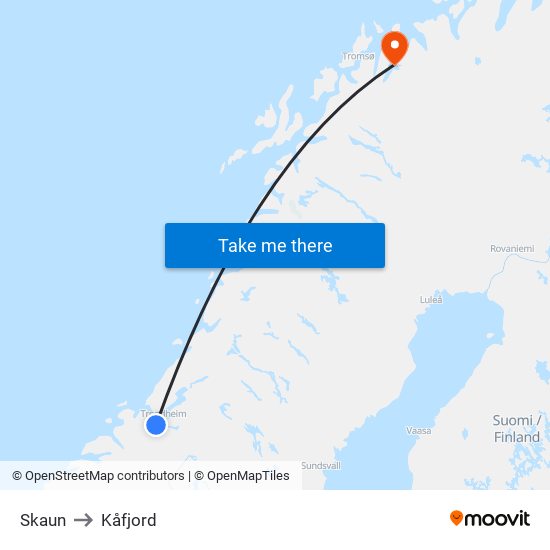 Skaun to Kåfjord map