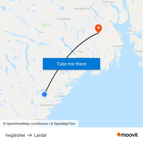 Vegårshei to Lardal map