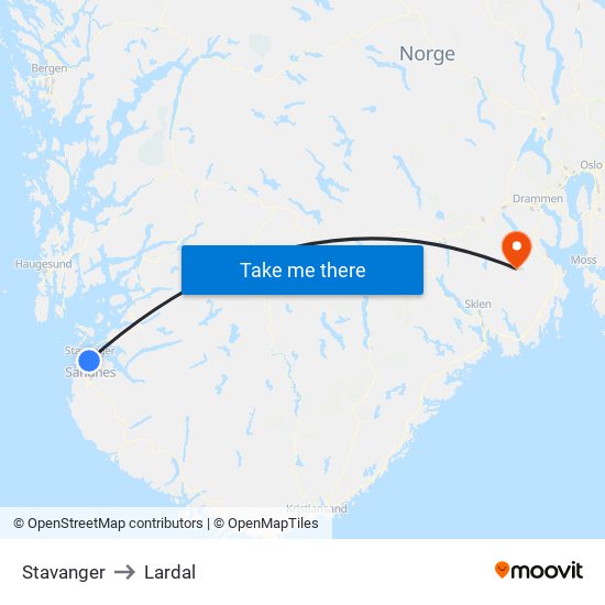 Stavanger to Lardal map