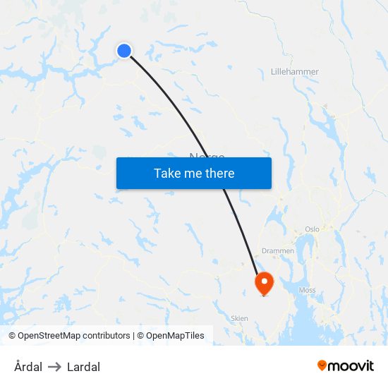 Årdal to Lardal map