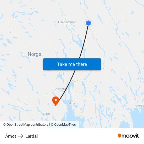 Åmot to Lardal map